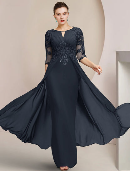 Wholesa Sheath / Column Mother of the Bride Dress Formal Wedding Guest Elegant Scoop Neck Floor Length Chiffon Lace Half Sleeve with Sequin Appliques