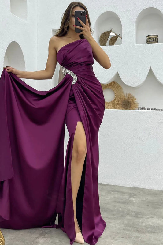 Dark Purple Sequin Split Mermaid One Shoulder Evening Dress With Long Ruffles Elegant Wholesale