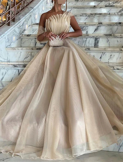 Wholesa Ball Gown Prom Dresses Elegant Dress Wedding Black Tie Court Train Sleeveless One Shoulder Organza with Ruched