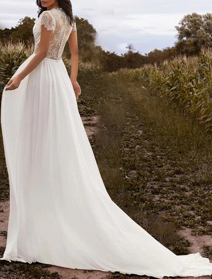 Wholesa Beach Open Back Wedding Dresses A-Line V Neck Cap Sleeve Court Train Chiffon Bridal Gowns With Pleats