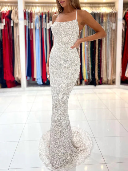 Spaghetti Straps Pearl White Prom Dresses Sparkly Sheath Formal Dress Evening Dress Wholesale