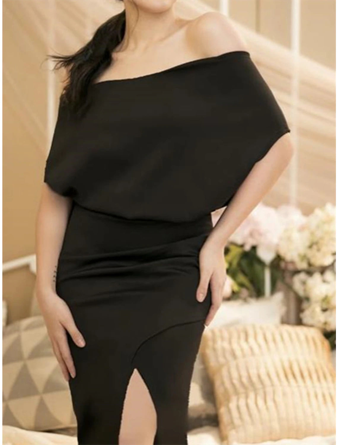 Wholesa Sheath / Column Empire Elegant Wedding Guest Formal Evening Birthday Dress Off Shoulder Half Sleeve Floor Length Stretch Chiffon with Slit