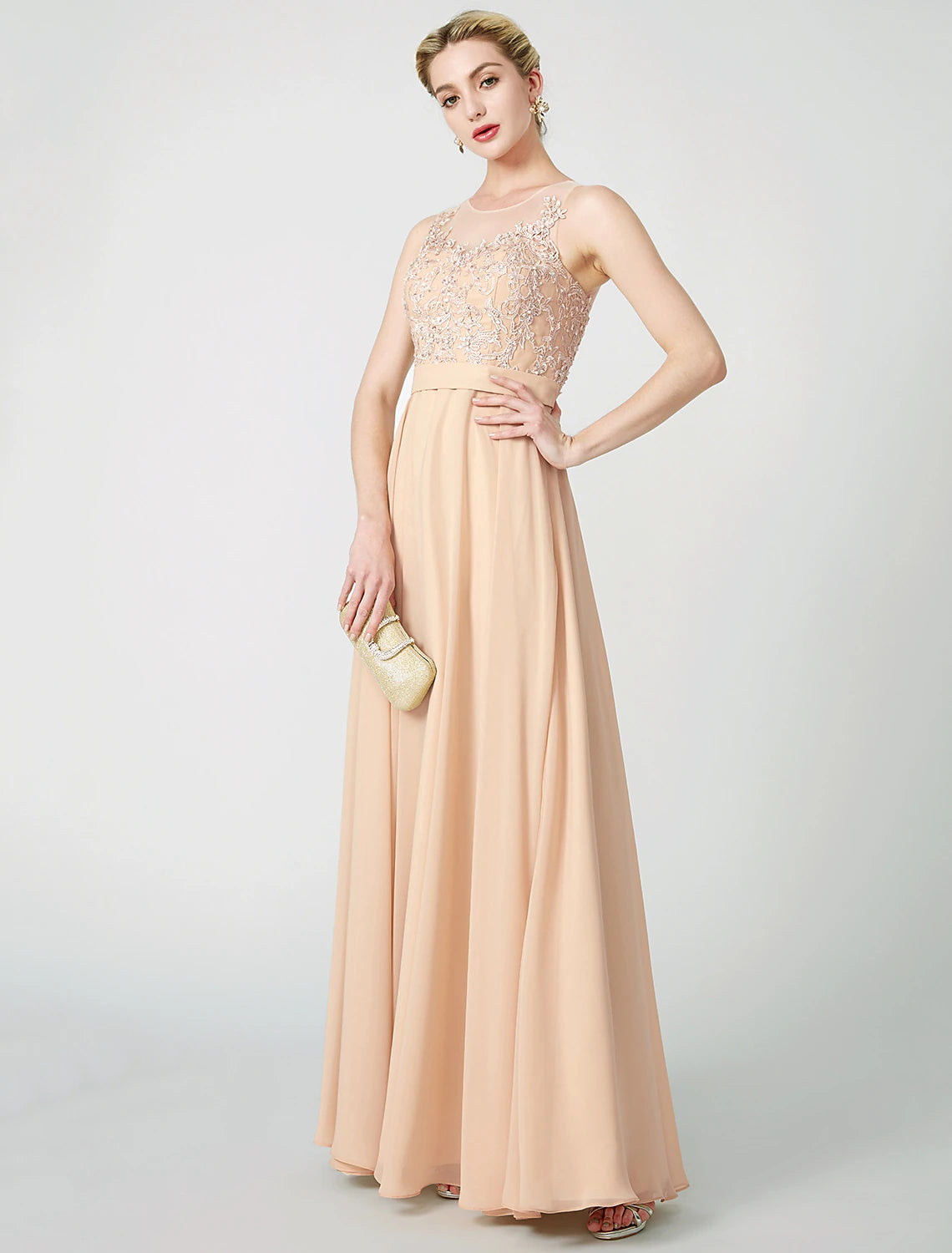 Wholesa  A-Line Classic & Timeless Keyhole Pastel Colors Holiday Cocktail Party Prom Dress Illusion Neck Sleeveless Floor Length Chiffon Beaded Lace with Pleats Appliques