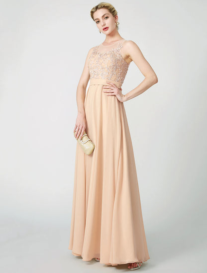 Wholesa  A-Line Classic & Timeless Keyhole Pastel Colors Holiday Cocktail Party Prom Dress Illusion Neck Sleeveless Floor Length Chiffon Beaded Lace with Pleats Appliques