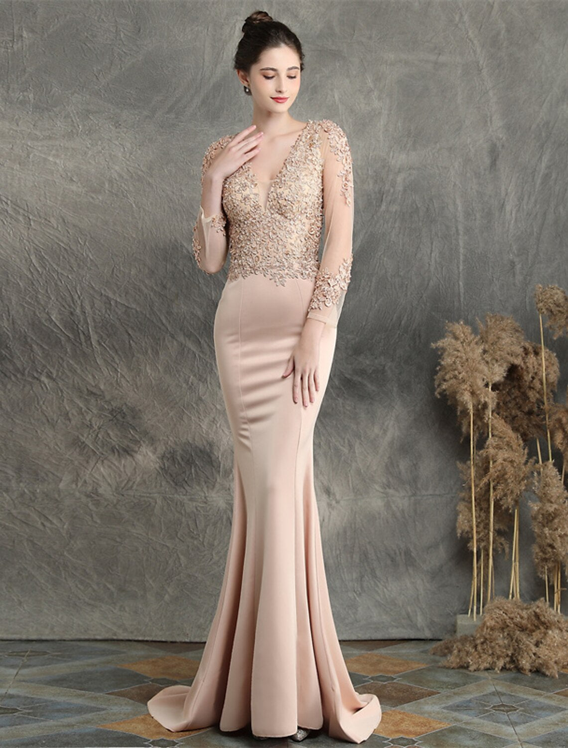 Wholesa Mermaid / Trumpet Prom Dresses Elegant Dress Formal Wedding Guest Sweep / Brush Train Long Sleeve V Neck Cotton Blend with Beading Appliques