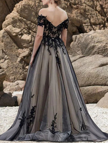 Wholesa Engagement Gothic Wedding Dresses in Color Formal Wedding Dresses A-Line Off Shoulder Short Sleeve Sweep / Brush Train Lace Bridal Gowns With Bow(s) Appliques