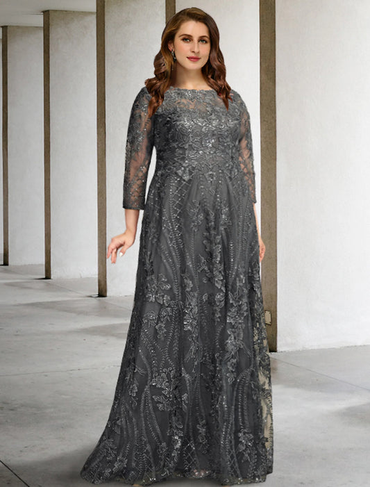 wholesale  A-Line Mother of the Bride Dresses Plus Size Hide Belly Curve Elegant Dress Formal Sweep / Brush Train Long Sleeve Jewel Neck Chiffon with Appliques