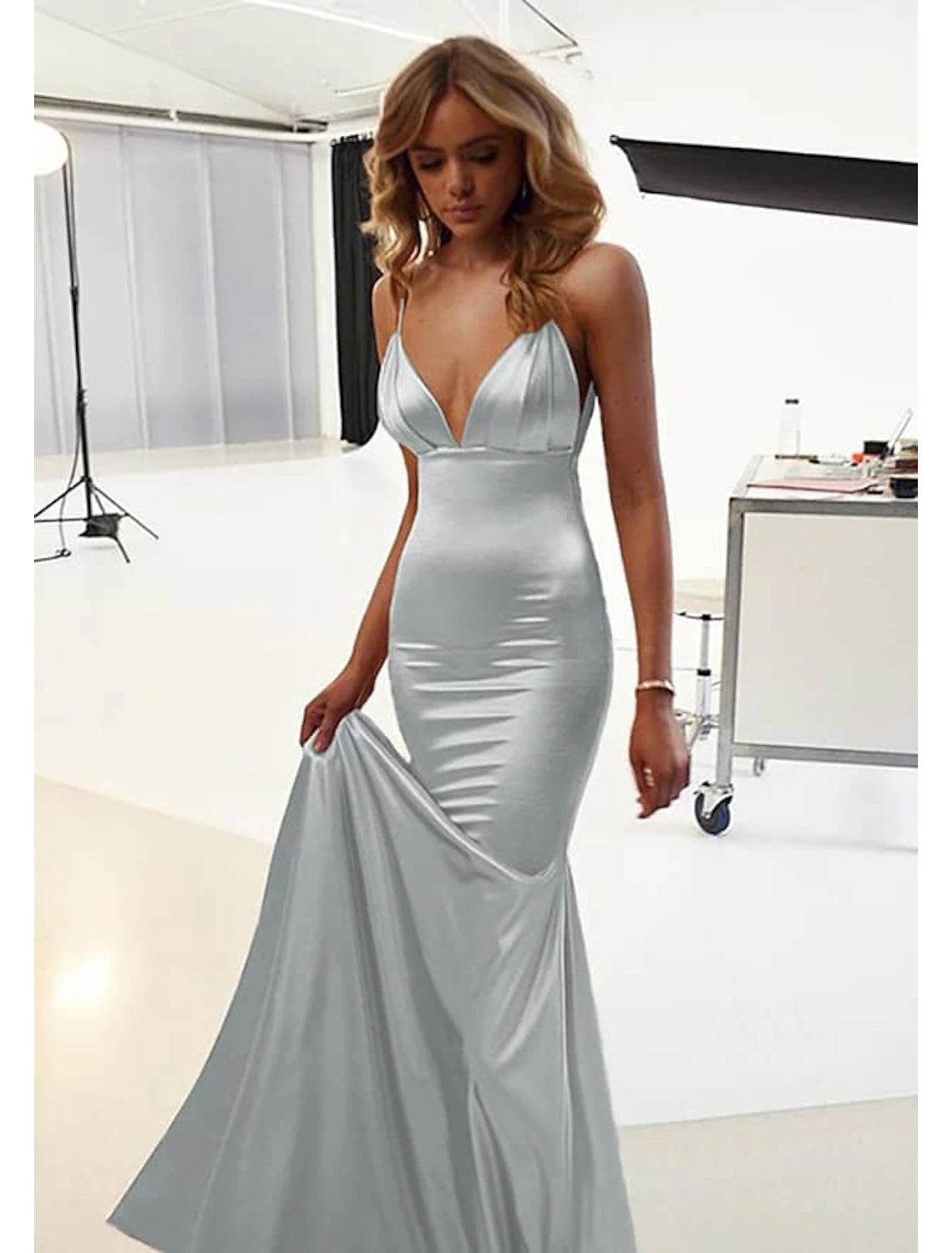 wholesale  Mermaid / Trumpet Wedding Guest Dresses Sexy Dress Prom Floor Length Sleeveless Spaghetti Strap Cotton Backless with Ruched