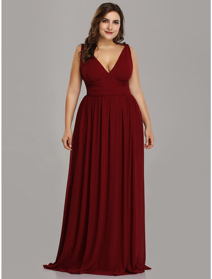 Wholesale A-Line Plus Size Wedding Guest Formal Evening Dress V Neck V Back Sleeveless Floor Length Chiffon with Pleats