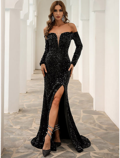 Wholesa Black Formal A-Line Evening Gown Sparkle & Shine Dress Fall Sweep / Brush Train Long Sleeve Off Shoulder Velvet with Sequin Slit