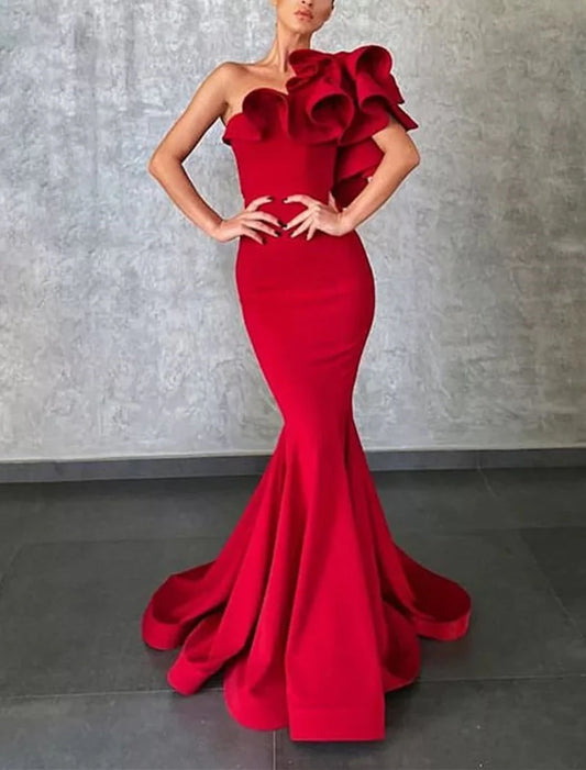 Wholesa Mermaid / Trumpet Prom Dresses Sexy Dress Party Wear Prom Sweep / Brush Train Sleeveless One Shoulder Charmeuse with Ruffles