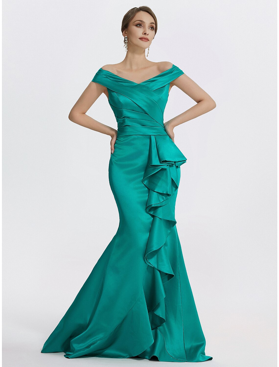 Wholesa  Sheath / Column Evening Gown Elegant Dress Formal Floor Length Sleeveless Off Shoulder Satin with Ruffles