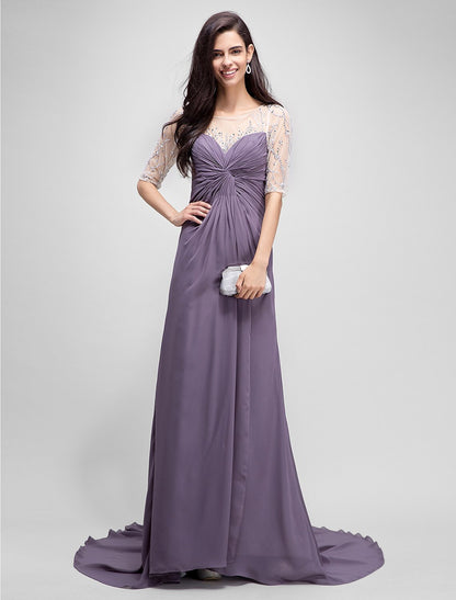 wholesale  A-Line Mother of the Bride Dress Elegant Scoop Neck Floor Length Chiffon Half Sleeve No with Criss Cross Beading