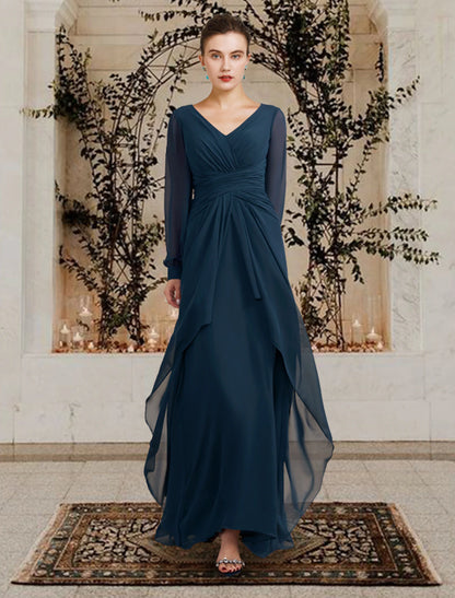 Wholesale A-Line Wedding Guest Elegant Mother of the Bride Dress V Neck Floor Length Chiffon Long Sleeve with Ruched Ruffles