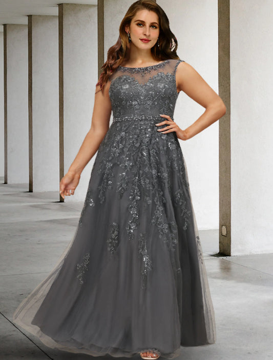 wholesale  A-Line Mother of the Bride Dresses Plus Size Hide Belly Curve Elegant Dress Formal Floor Length Sleeveless Jewel Neck Lace with Beading Sequin Appliques