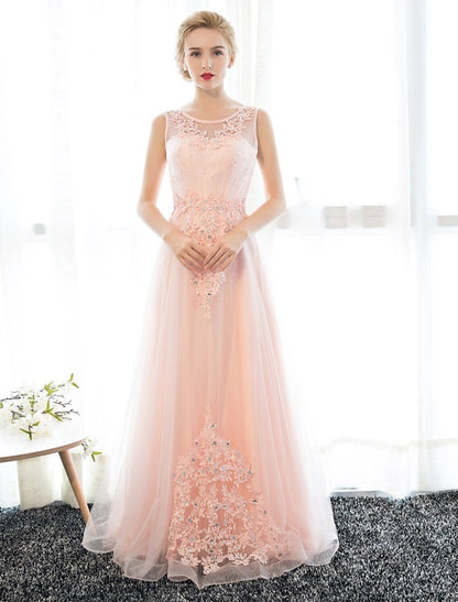 Wholesale Sheath / Column Dress Wedding Guest Floor Length Sleeveless Illusion Neck Satin with Crystals Appliques