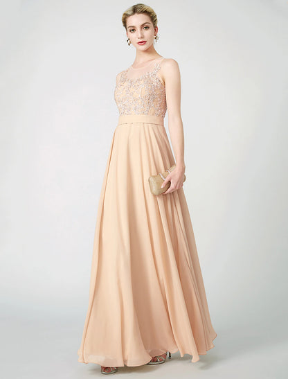 Wholesa  A-Line Classic & Timeless Keyhole Pastel Colors Holiday Cocktail Party Prom Dress Illusion Neck Sleeveless Floor Length Chiffon Beaded Lace with Pleats Appliques