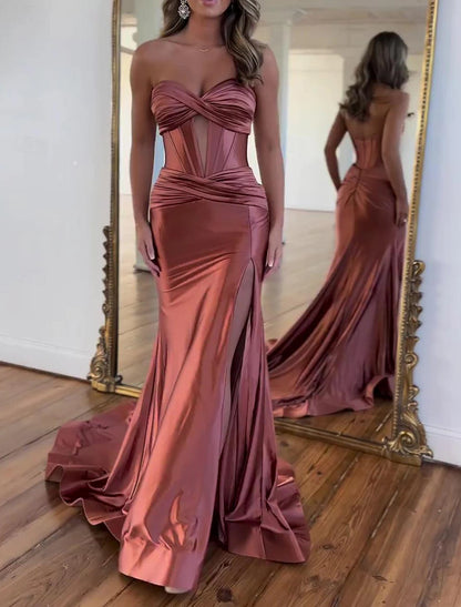 Wholesa A-Line Prom Dresses Elegant Dress Formal Floor Length Sleeveless Strapless Satin with Ruched Slit Sexy Evening Dress