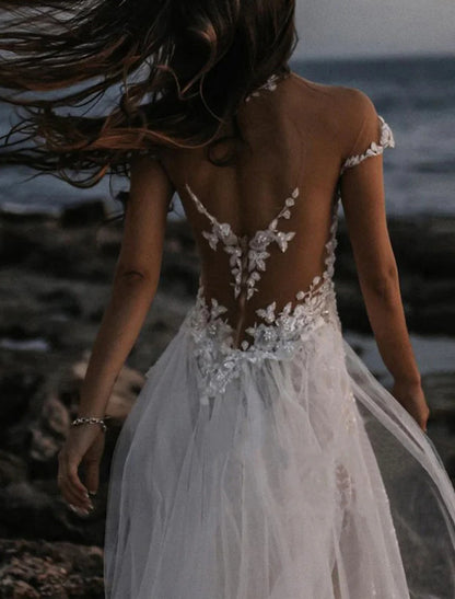 Wholesa Beach Open Back Boho Wedding Dresses A-Line Off Shoulder Cap Sleeve Court Train Lace Bridal Gowns With Appliques Solid Color