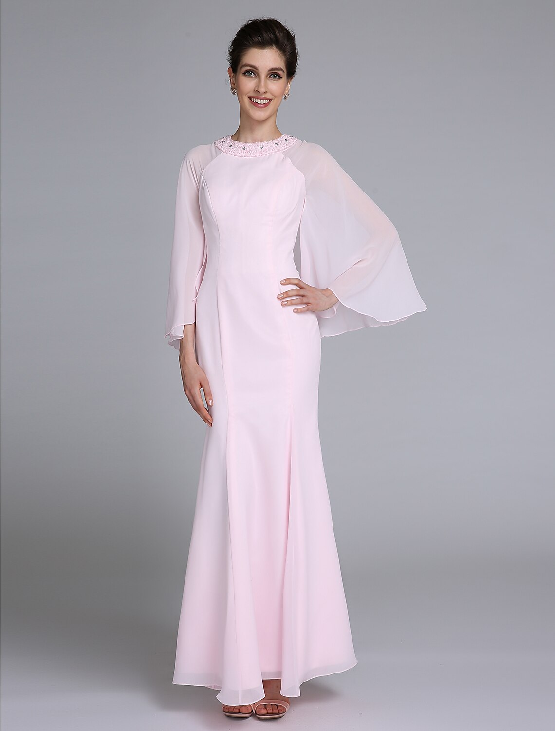 wholesale  Mermaid / Trumpet Mother of the Bride Dress Elegant Jewel Neck Ankle Length Chiffon Long Sleeve No with Beading