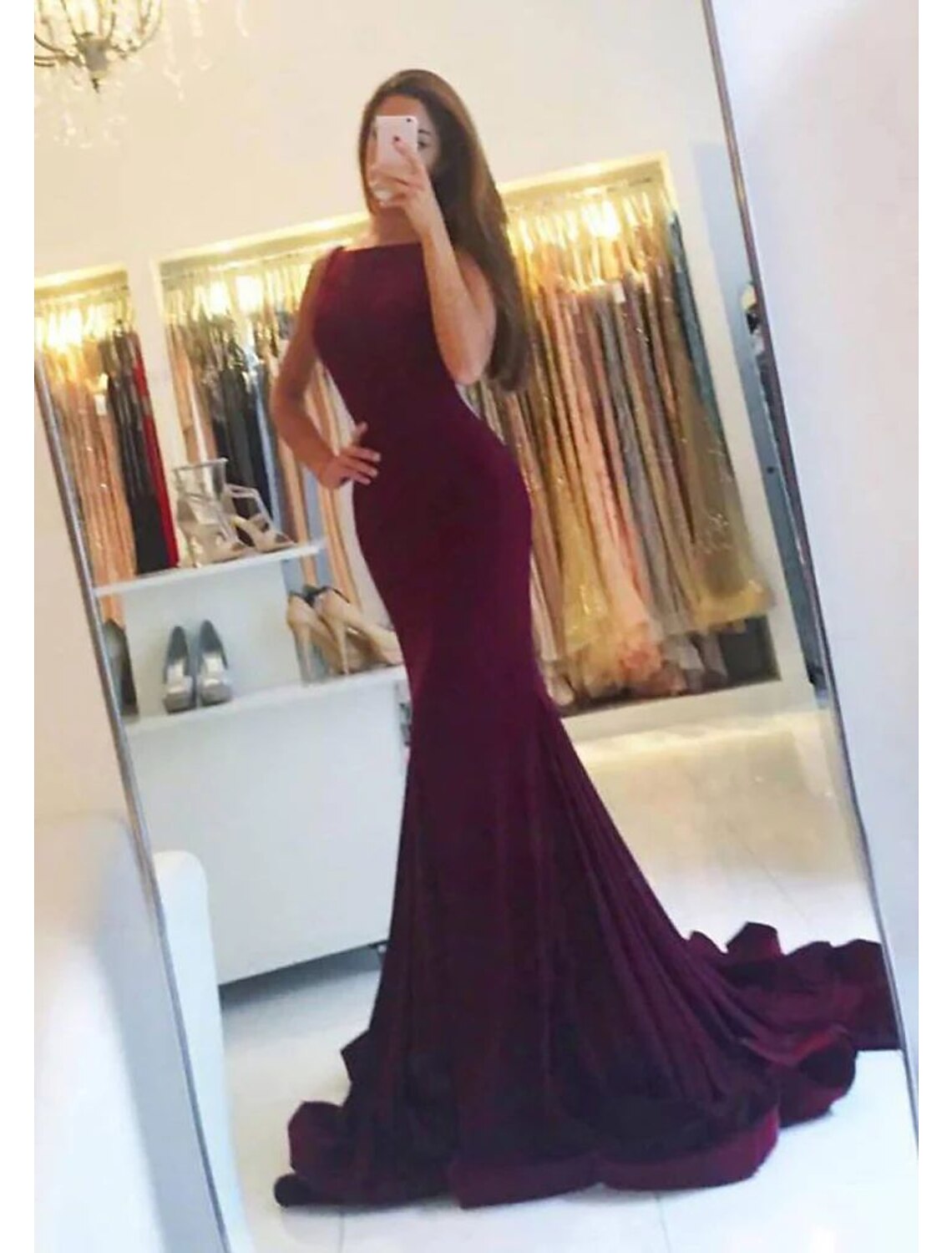 Wholesa Mermaid / Trumpet Evening Gown Empire Dress Prom Wedding Reception Court Train Sleeveless Spaghetti Strap Spandex with Pleats