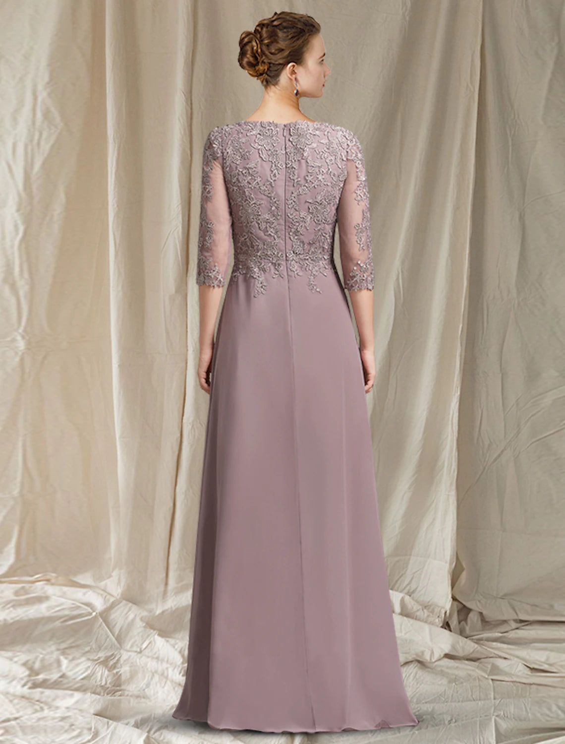 Wholesa A-Line Mother of the Bride Dress Elegant Jewel Neck Floor Length Chiffon Lace 3/4 Length Sleeve with Appliques