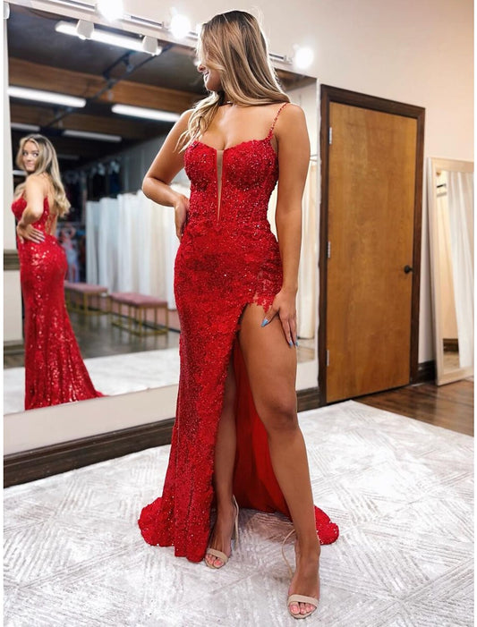 Wholesa Mermaid / Trumpet Prom Dresses Sparkle & Shine Dress Formal Wedding Party Sweep / Brush Train Sleeveless Spaghetti Strap Sequined Backless with Beading Sequin Slit