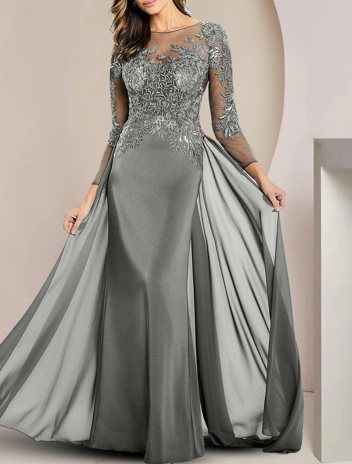 Wholesa Sheath / Column Mother of the Bride Dress Formal Wedding Guest Elegant Scoop Neck Floor Length Chiffon Lace Long Sleeve with Beading Appliques