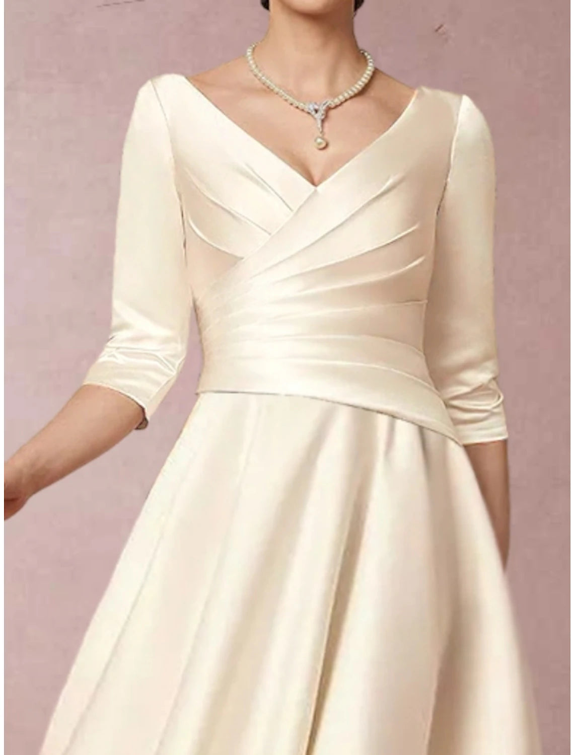 Wholesa A-Line Mother of the Bride Dress Elegant Simple V Neck Tea Length Satin Half Sleeve with Pleats Ruched