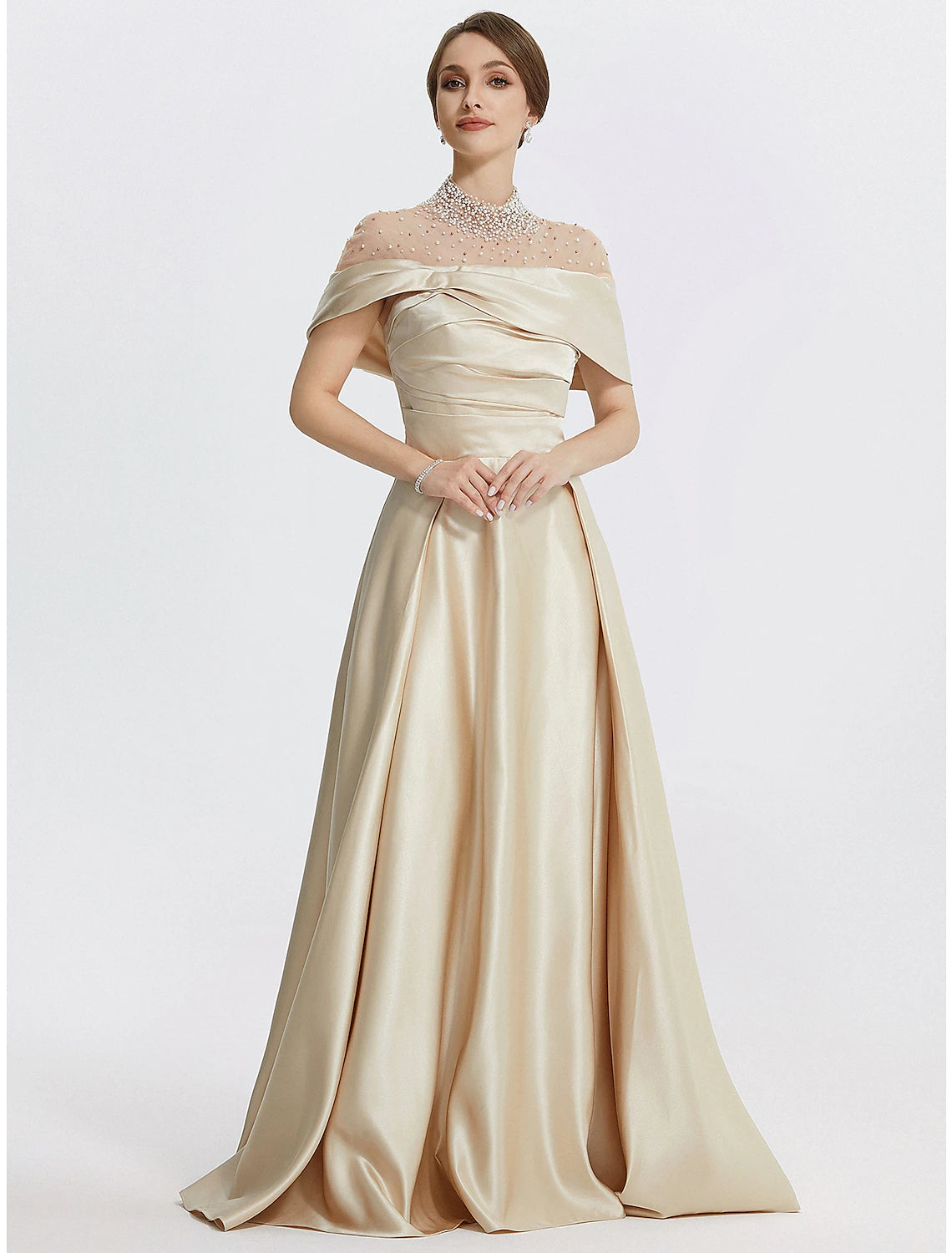 Wholesa A-Line Evening Gown Elegant Dress Formal Prom Floor Length Sleeveless High Neck Italy Satin with Ruched Pearls