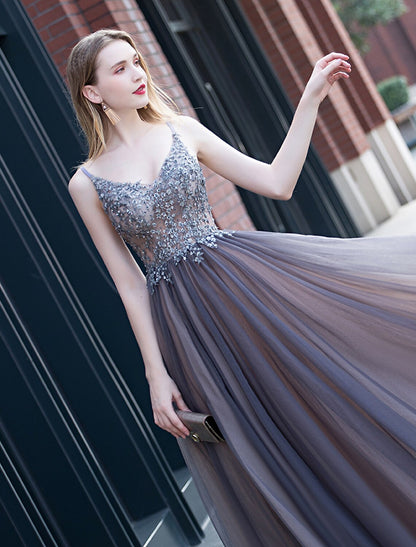 Wholesale A-Line Minimalist Elegant Party Wear Prom Dress V Neck Sleeveless Floor Length Tulle with Pleats Appliques