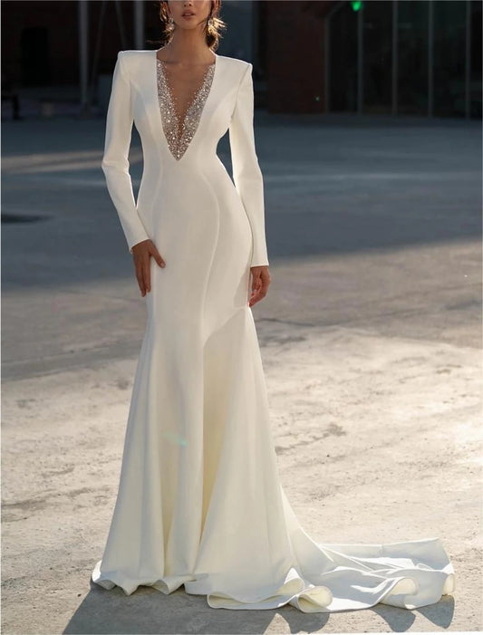 Wholesa Formal Wedding Dresses Mermaid / Trumpet V Neck Long Sleeve Sweep / Brush Train Chiffon Bridal Gowns With Beading Solid Color