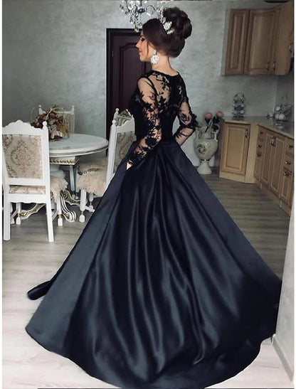 Wholesa Ball Gown Evening Gown Princess Dress Prom Wedding Party Floor Length Long Sleeve Jewel Neck Wednesday Addams Family Satin with Appliques