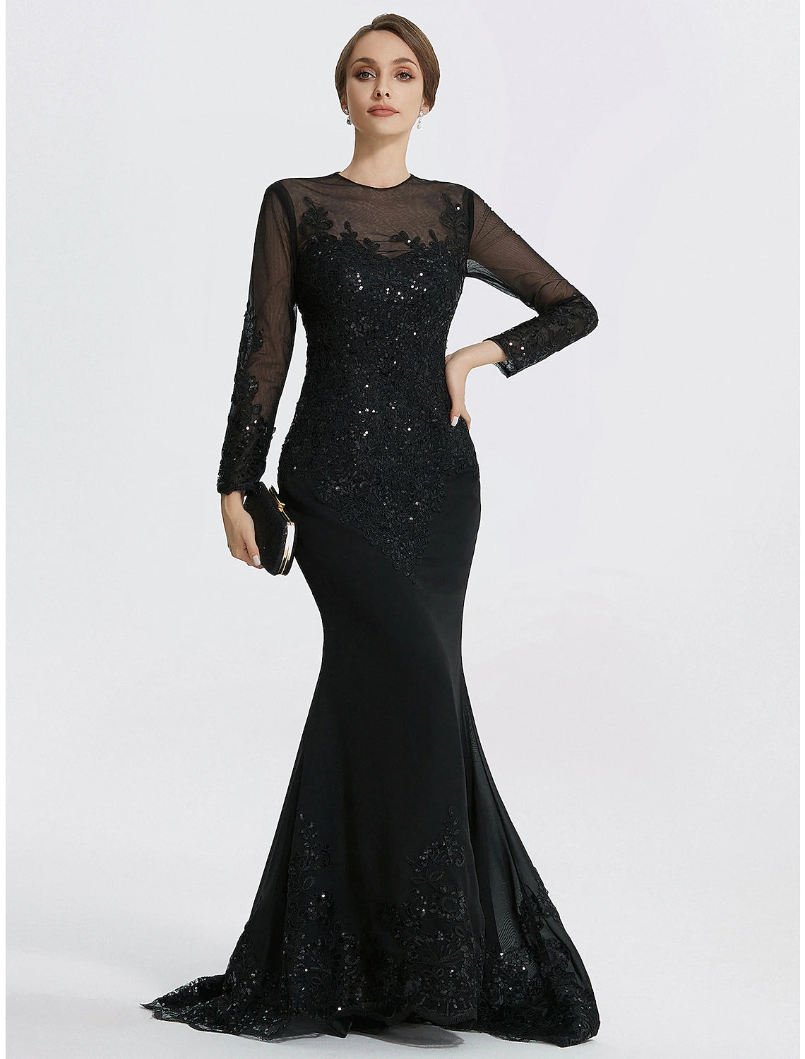 Wholesa  Mermaid / Trumpet Sheath / Column Evening Gown Elegant Dress Formal Floor Length Long Sleeve Jewel Neck Lace with Appliques