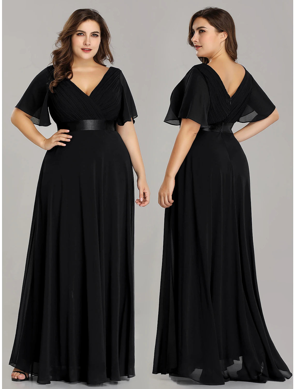 Wholesale A-Line Empire Fall Wedding Guest Dress For Bridesmaid Plus Size Formal Evening Dress V Neck Short Sleeve Floor Length Chiffon with Pleats Ruched