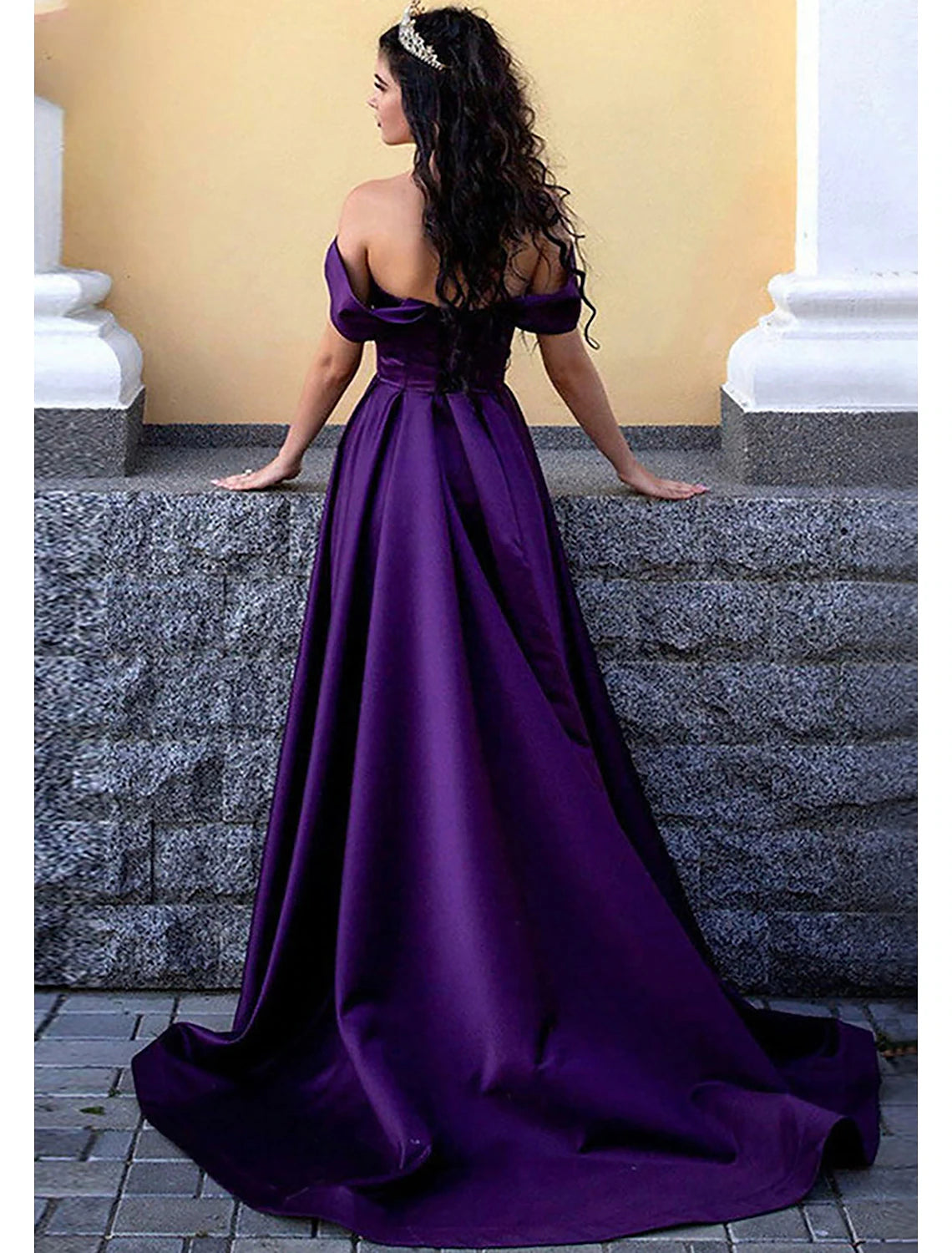 wholesale  A-Line Prom Dresses Princess Dress Formal Sweep / Brush Train Sleeveless Off Shoulder Satin with Pleats Slit