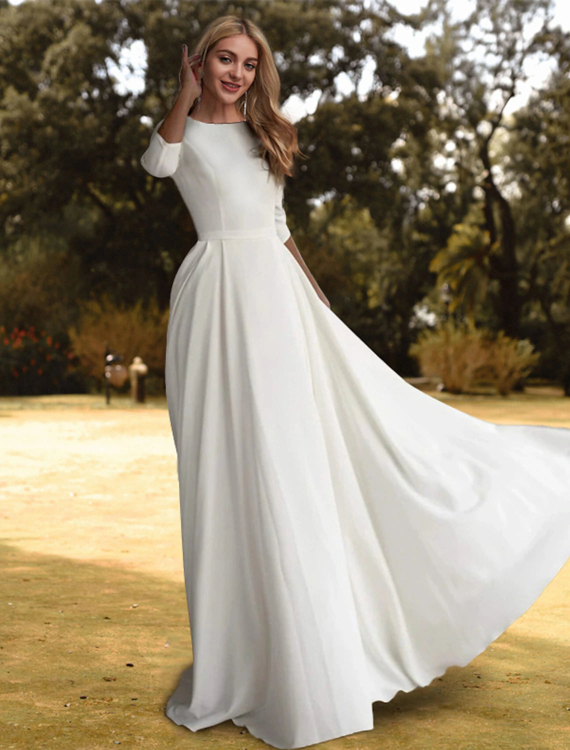 Wholesale Hall Casual Fall Wedding Dresses A-Line Scoop Neck 3/4 Length Sleeve Sweep / Brush Train Stretch Fabric Bridal Gowns With Pleats Solid Color 2023 Summer Wedding Party