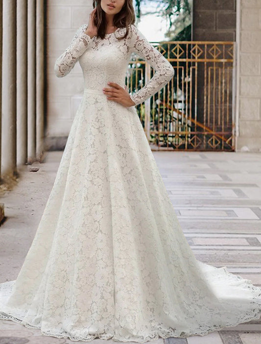 Wholesa Engagement Formal Fall Wedding Dresses A-Line Illusion Neck Long Sleeve Court Train Lace Bridal Gowns With Sashes / Ribbons Pleats Summer Wedding Party, Women‘s Clothing