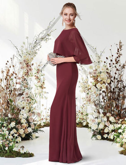 Wholesa Sheath / Column Minimalist Elegant Engagement Formal Evening Dress Jewel Neck Half Sleeve Floor Length Chiffon with Sash / Ribbon