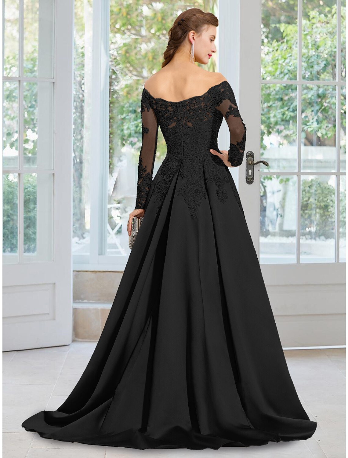 wholesale A-Line Evening Gown Black Dress Formal Court Train Long Sleeve Off Shoulder Lace with Appliques