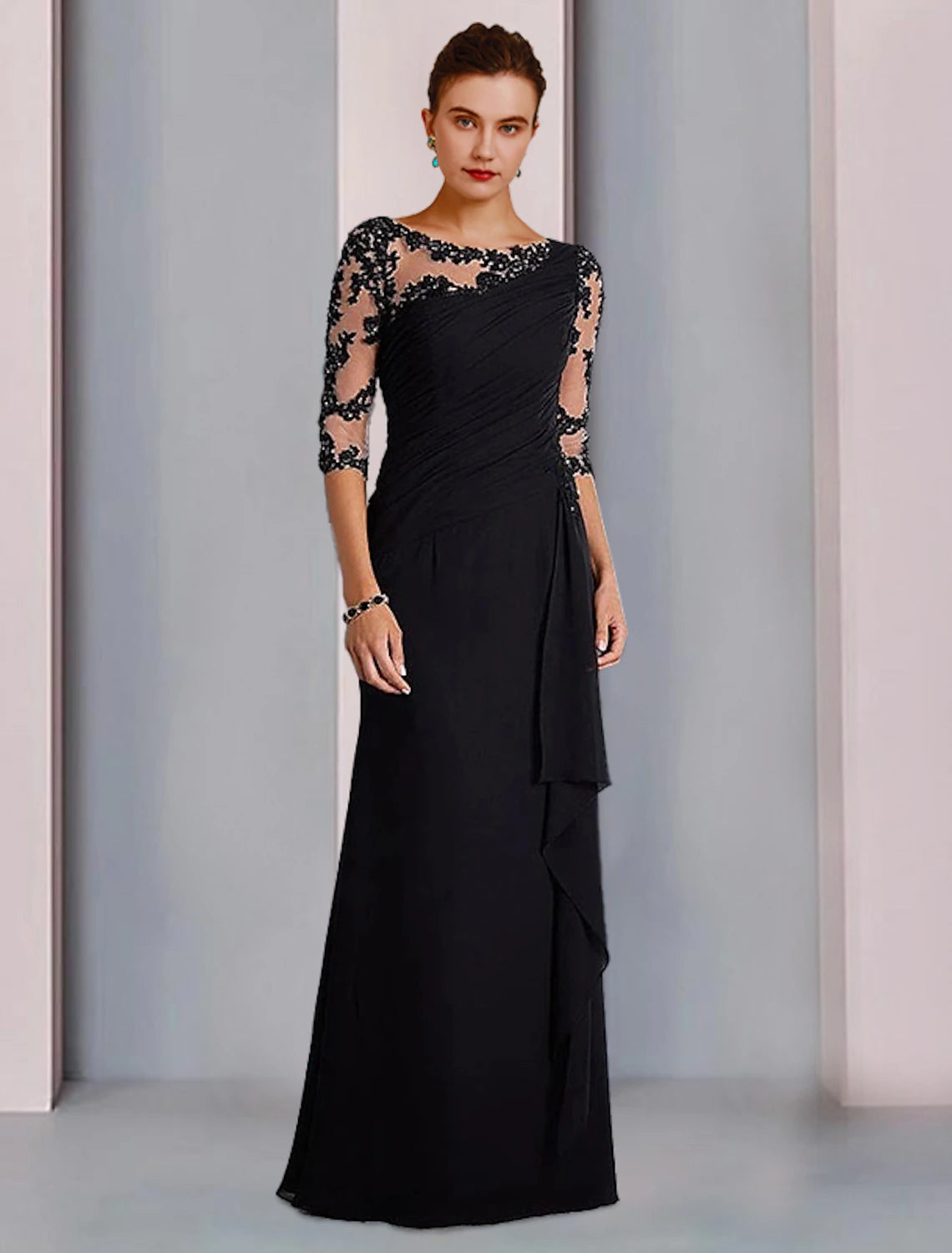 wholesale Sheath / Column Mother of the Bride Dress Formal Fall Wedding Guest Dresses Elegant Jewel Neck Floor Length Chiffon Lace 3/4 Length Sleeve with Beading Appliques