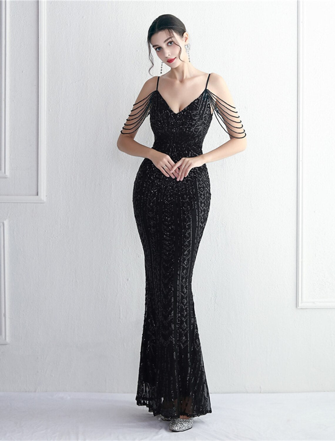 Wholesa Mermaid / Trumpet Evening Gown Sparkle & Shine Dress Formal Wedding Guest Floor Length Short Sleeve Spaghetti Strap Polyester with Beading Sequin