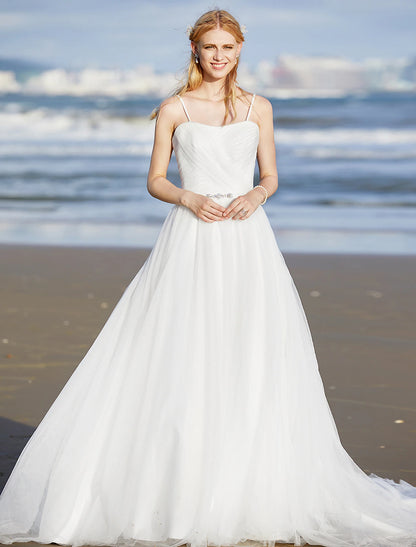 wholesale  Beach Wedding Dresses A-Line Spaghetti Strap Sleeveless Sweep / Brush Train Chiffon Bridal Gowns With Sashes / Ribbons