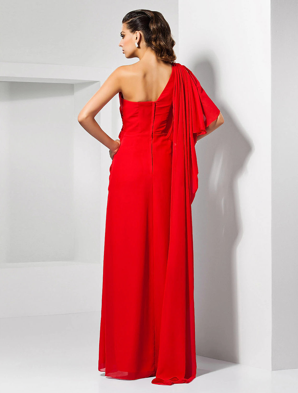 Wholesa  Sheath Christmas Red Green Dress Empire Wedding Guest Formal Evening Dress One Shoulder Sleeveless Floor Length Chiffon with Draping Slit