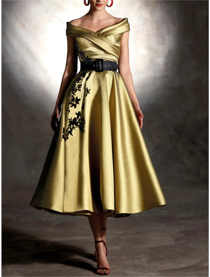 Wholesa A-Line Cocktail Dresses Elegant Dress Formal Wedding Guest Tea Length Sleeveless Off Shoulder Satin with Pleats Appliques