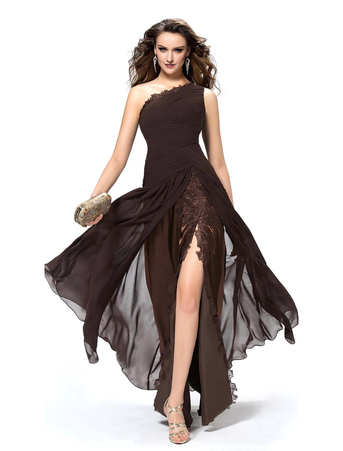 Wholesa  A-Line Elegant Sexy Party Wear Formal Evening Dress One Shoulder Backless Sleeveless Floor Length Chiffon with Slit Lace Insert