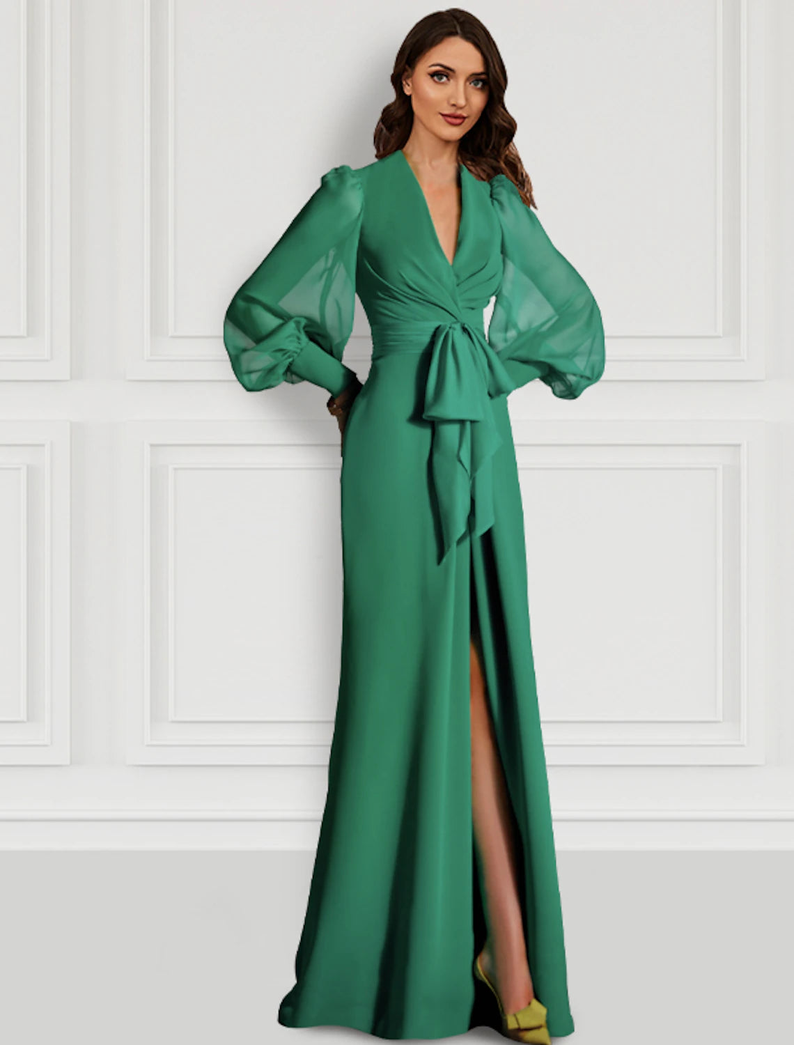 Wholesa  Mermaid Red Green Dress Evening Gown Elegant Dress With Bow Formal Wedding Guest Sweep / Brush Train Long Sleeve V Neck Fall Wedding Guest Chiffon with Slit Strappy