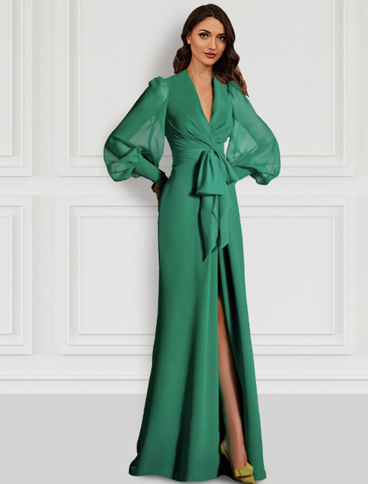 Wholesa  Mermaid Christmas Red Green Dress Evening Gown Elegant Dress Formal Wedding Guest Sweep / Brush Train Long Sleeve V Neck Fall Wedding Guest Chiffon with Slit Strappy