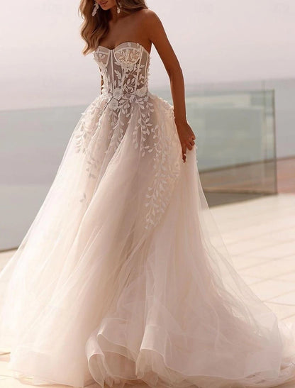 Wholesa Beach Open Back Formal Wedding Dresses Ball Gown Sweetheart Sleeveless Sweep / Brush Train Tulle Bridal Gowns With Appliques Solid Color