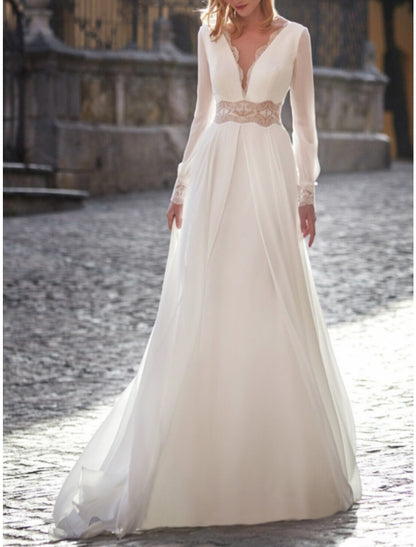 Wholesa Open Back Wedding Dresses A-Line V Neck Long Sleeve Court Train Satin Bridal Gowns With Pleats